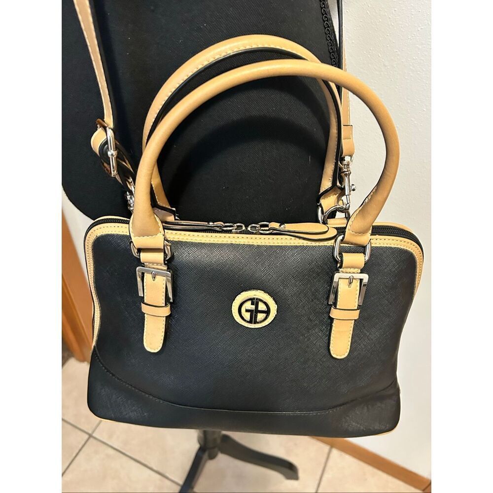 Giani Bernini Black Saffiano Dome Satchel Bag Tan Trim Crossbody Bag EUC